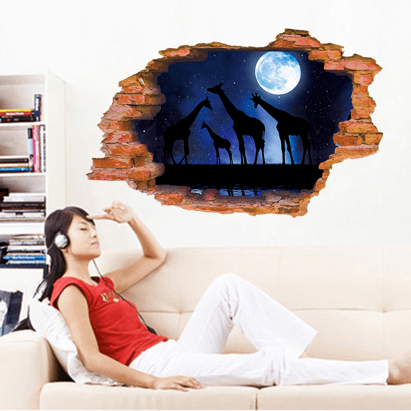 Miico Creative 3D Moon Night Giraffe Broken Wall Removable Home Room Decorative Wall Floor Decor Sticker - MRSLM