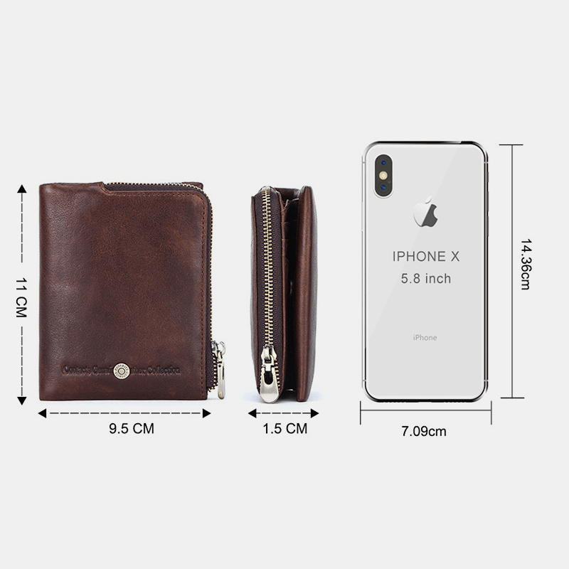 Men Genuine Leather RFID Anti-Theft Retro Business Durable Zipper Multi Card Slots Card Holder Wallet - MRSLM