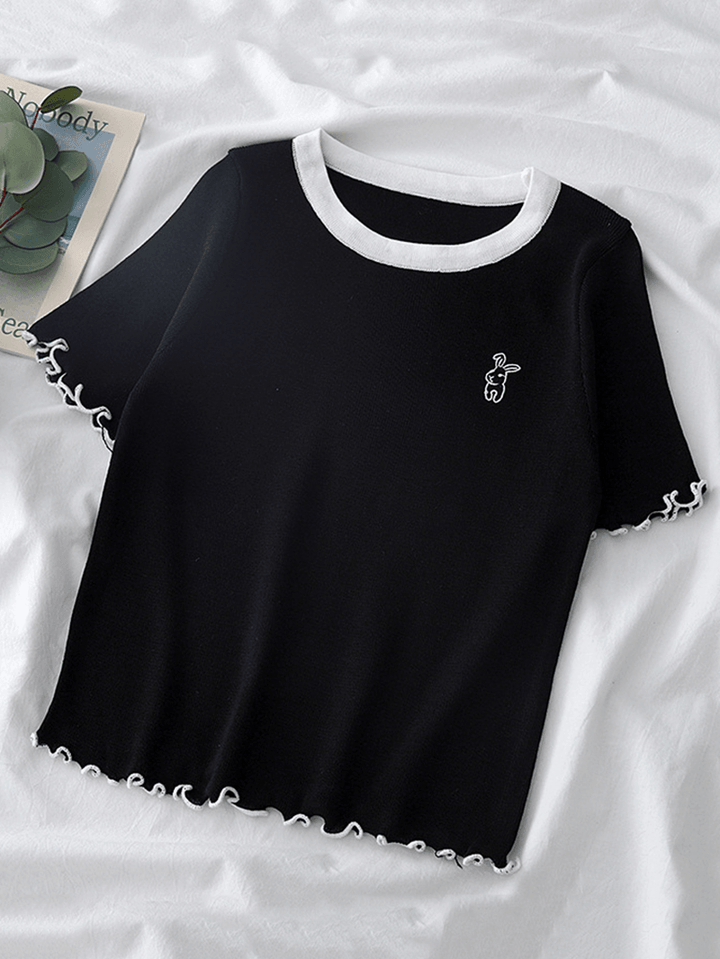 Women Rabbit Embroidery Short Sleeve Simple T-Shirts - MRSLM