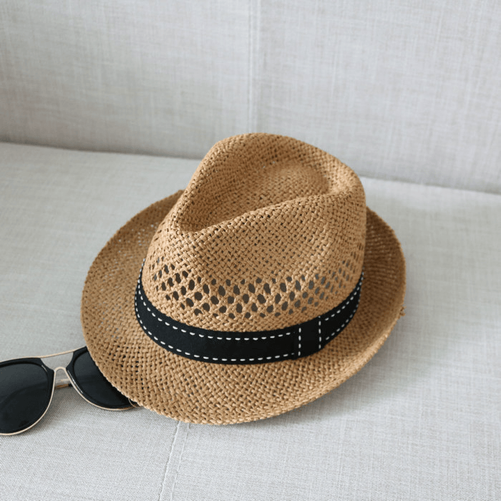 Straw Hat Cool Hat New Summer Hat Men'S and Women'S Top Hat Woven British Style Sun Protection Beach Hollow Out Sun Hat - MRSLM