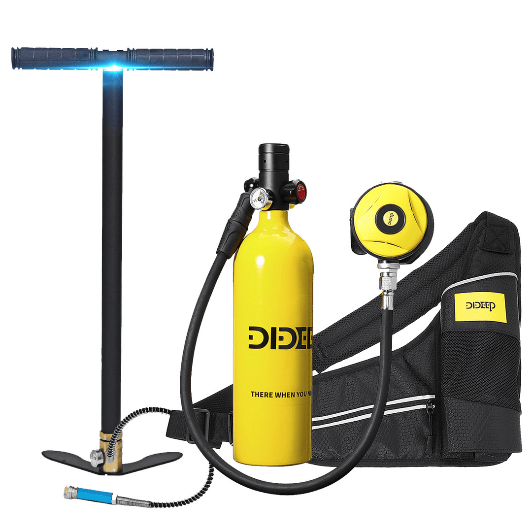 DIDEEP 1L Portable Scuba Tank Diving Oxygen Dive Equipment + Inflator Pump Kit - MRSLM