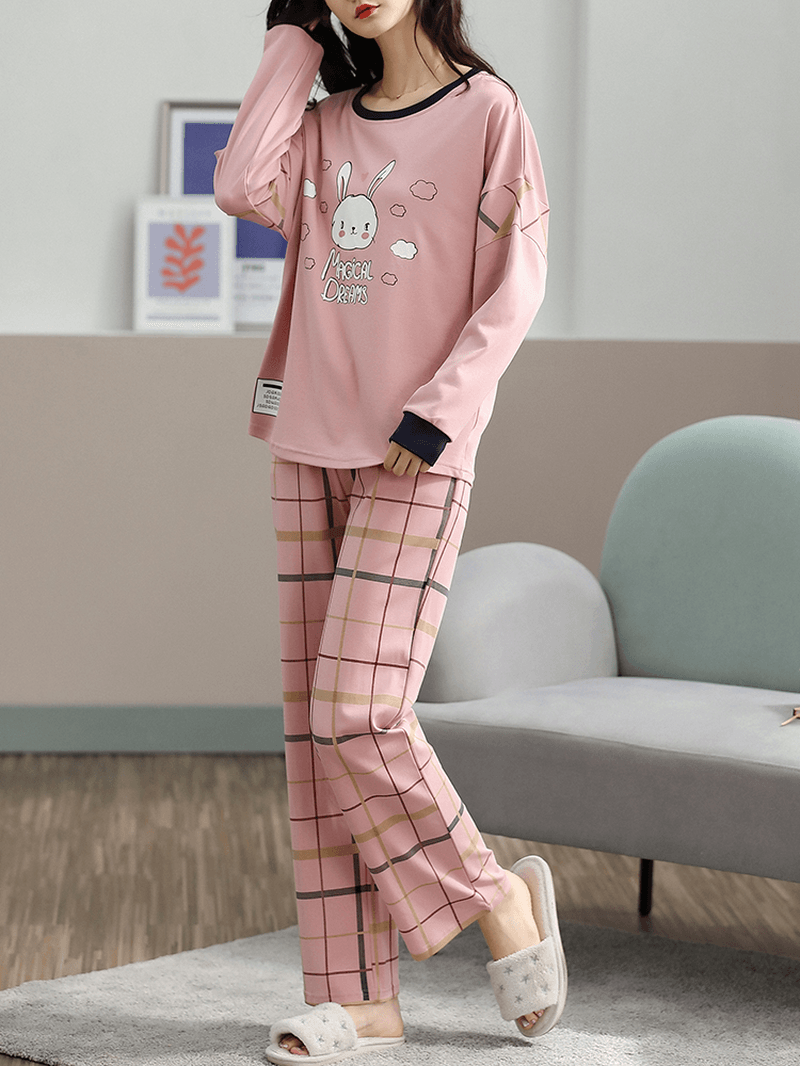 Plus Size Women Cartoon Animal Print Plaid Pants Home Casual Pajama Sets - MRSLM