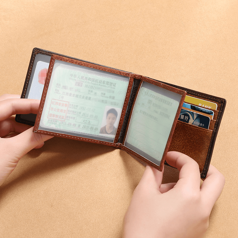 Men Genuine Leather RFID Anti-Theft Multifunction Retro Large Capacity Foldable Card Holder Bag - MRSLM