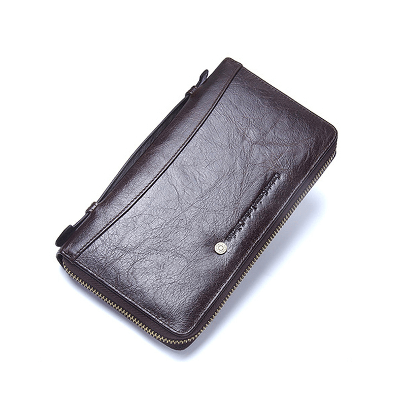 Men Genuine Leather Multifunction Purse Pen Holder Phone Holder Zipper Pocket Large Capacity Business Wallet - MRSLM