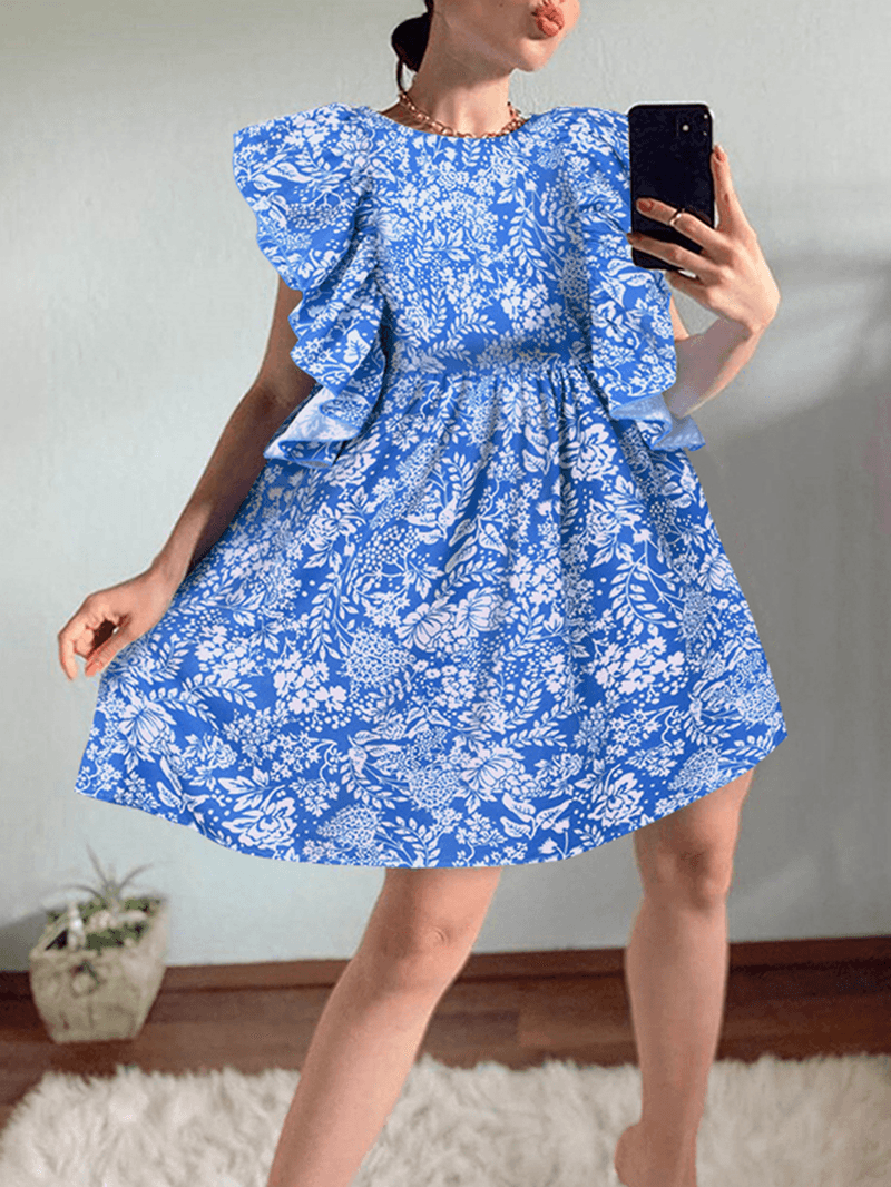 Women Floral Print Ruffle Trims Sleeveless Casual Daily Doll Mini Dress - MRSLM