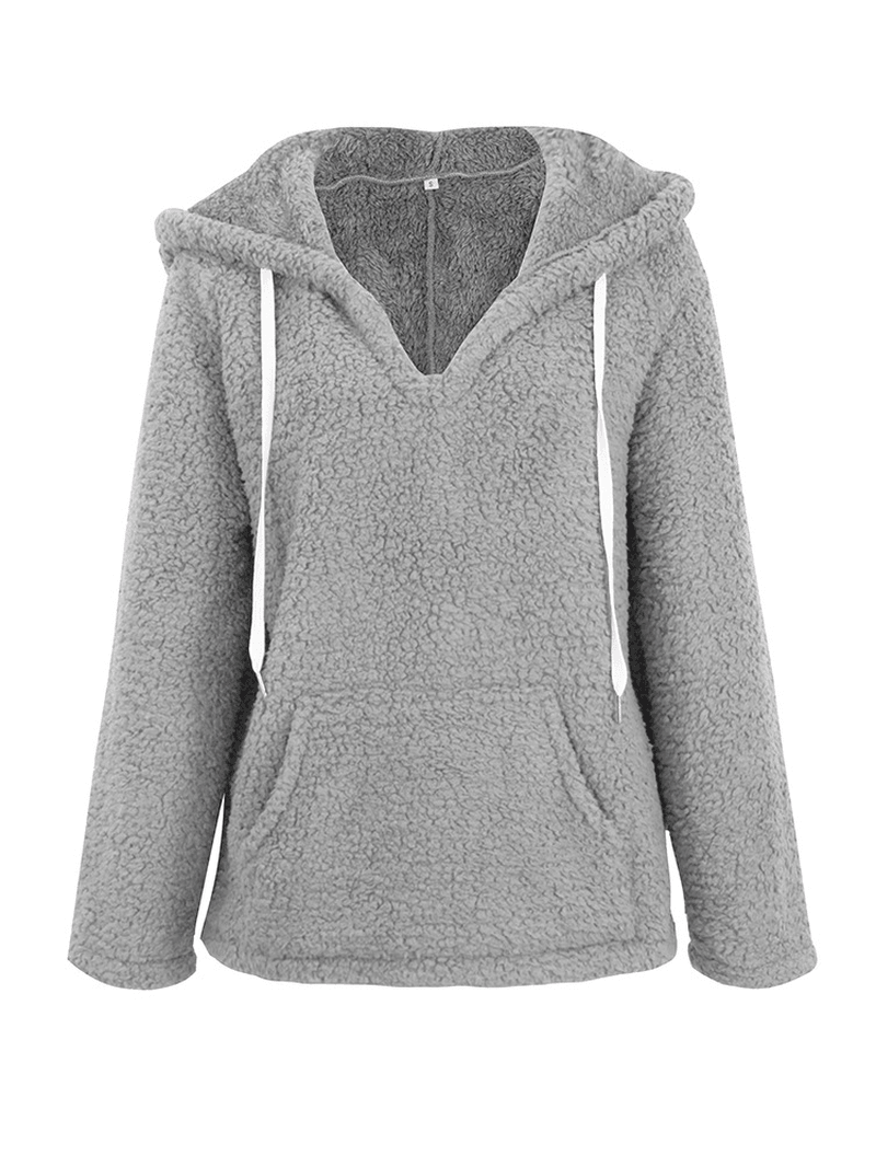 Women V-Neck Hooded Solid Color Fleece Coats - MRSLM