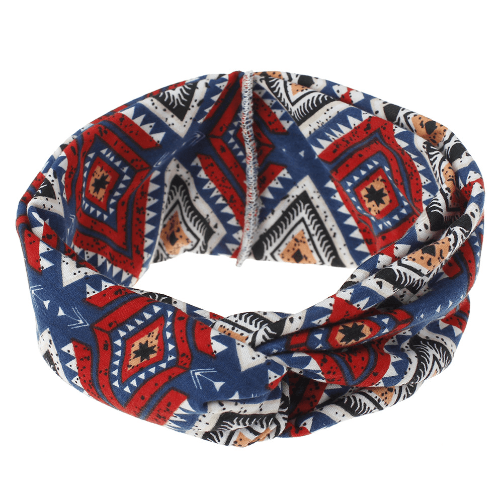 Women Bohemian Style Diamond Lattice Pattern Casual Outdoor Headdress Elastic Cross Tie Wide Brim Headband - MRSLM