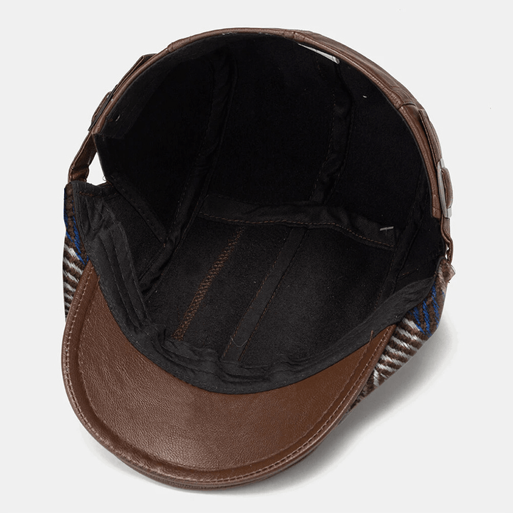 Men PU Leather Autumn Warm Beret Cap Retro Color Stripe Knit Stitching Patch Flat Hat Forward Cap Peaked Cap - MRSLM