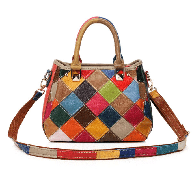 Women Patchwork Cowhide Colorful Handbag Tote Handbag Crossbody Bag - MRSLM