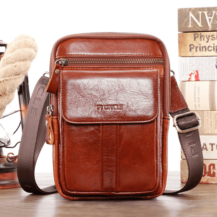 Men Genuine Leather Retro Business Multi-Function Chest Bag Shoulder Bag Cross Body Bag - MRSLM