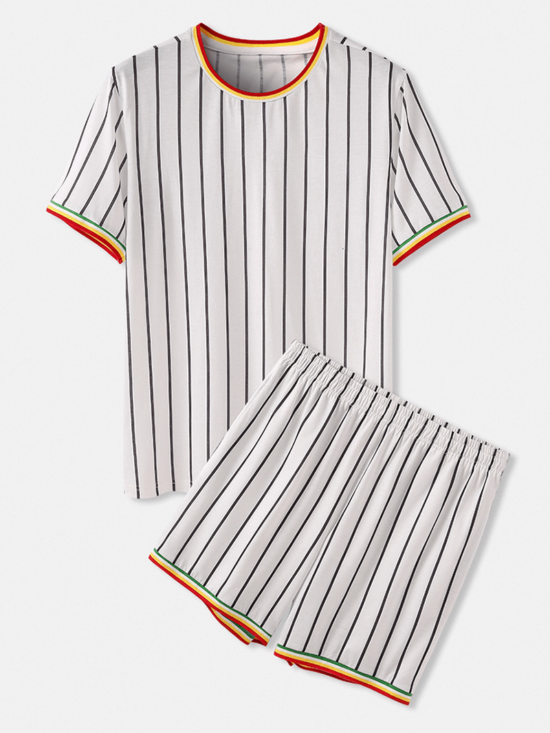 Mens Vertical Stripes Short Sleeve Elastic Waist Home Casual Two Piece Pajama Set - MRSLM