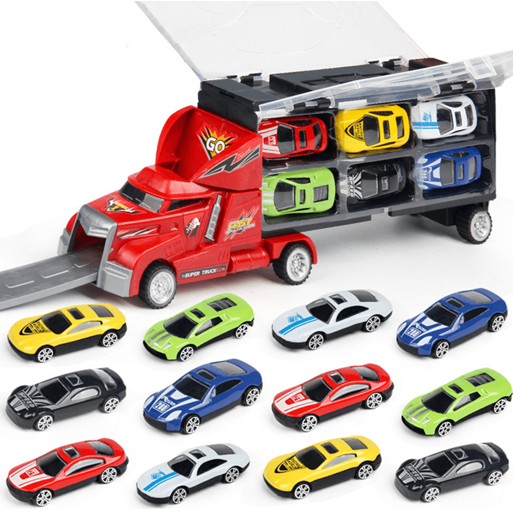 12 Pcs Kid Car Model Set Truck Simulation Track Vehicle Toys Alloy Cars+Cartoon Car+Storage Truck Children Toys Gift - MRSLM