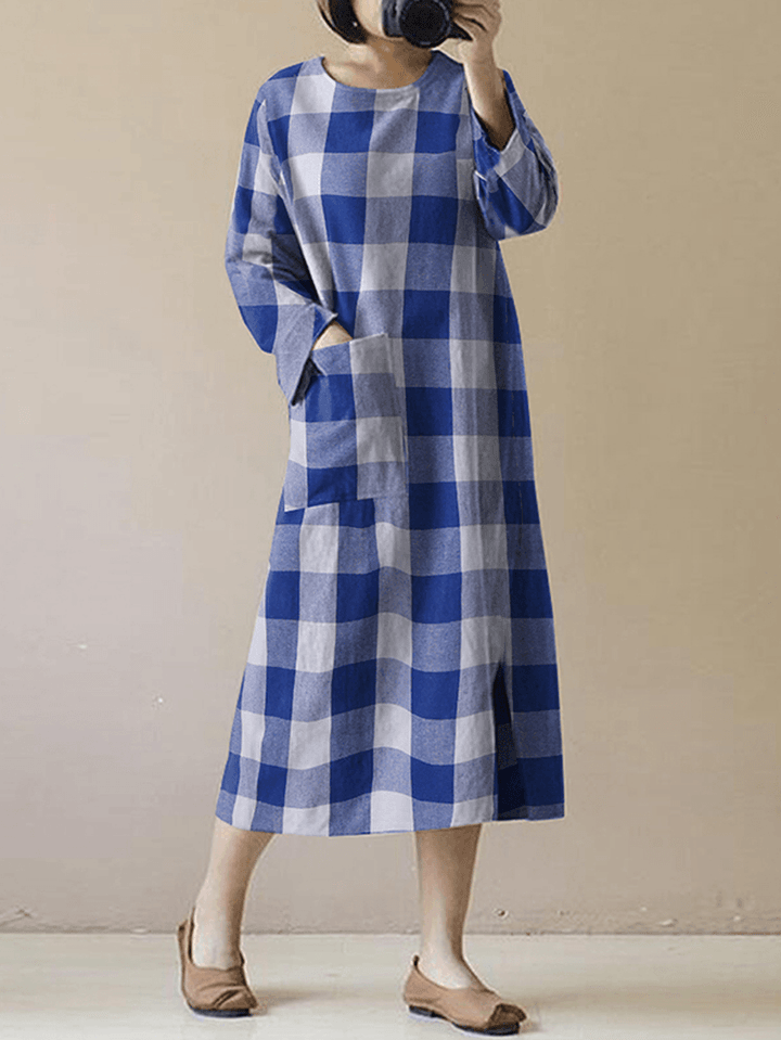 Women Vintage Plaid O-Neck Long Sleeve Splited Midi Dress - MRSLM