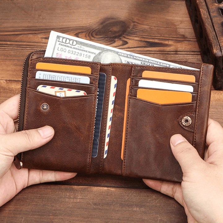 Men Genuine Leather RFID Anti-Theft Retro Business Durable Zipper Multi Card Slots Card Holder Wallet - MRSLM