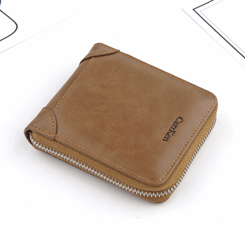 Men Faux Leather Tri-Fold Retro Zipper Multi-Card Slots Wall - MRSLM