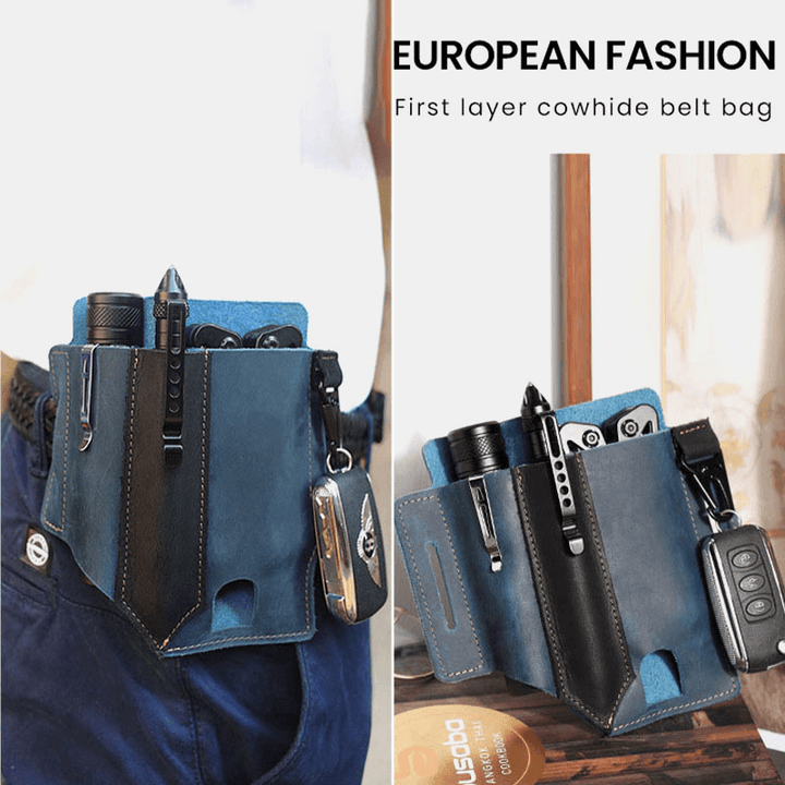 Men EDC Vintage Multifunction Wear-Resistant Genuine Leather Waist Bag Keychain Tactical Bag - MRSLM