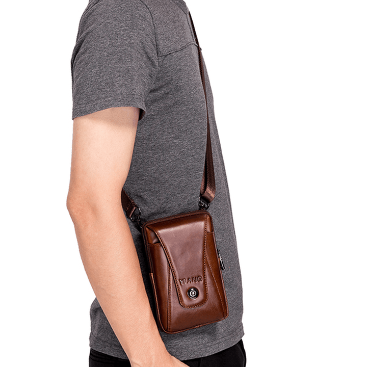 Men Genuine Leather Vintage Waist Bag Business Crossbody Bag Cell Phone Bag for 6 Inch Phones - MRSLM