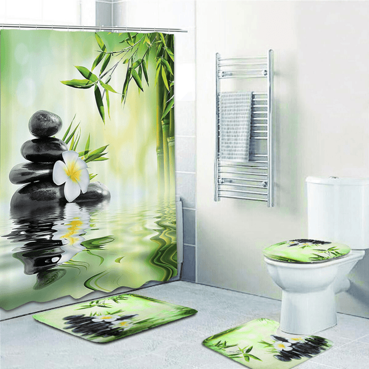 Bamboo Printing Waterproof Bathroom Shower Curtain Toilet Cover Mat Non-Slip Carpet - MRSLM