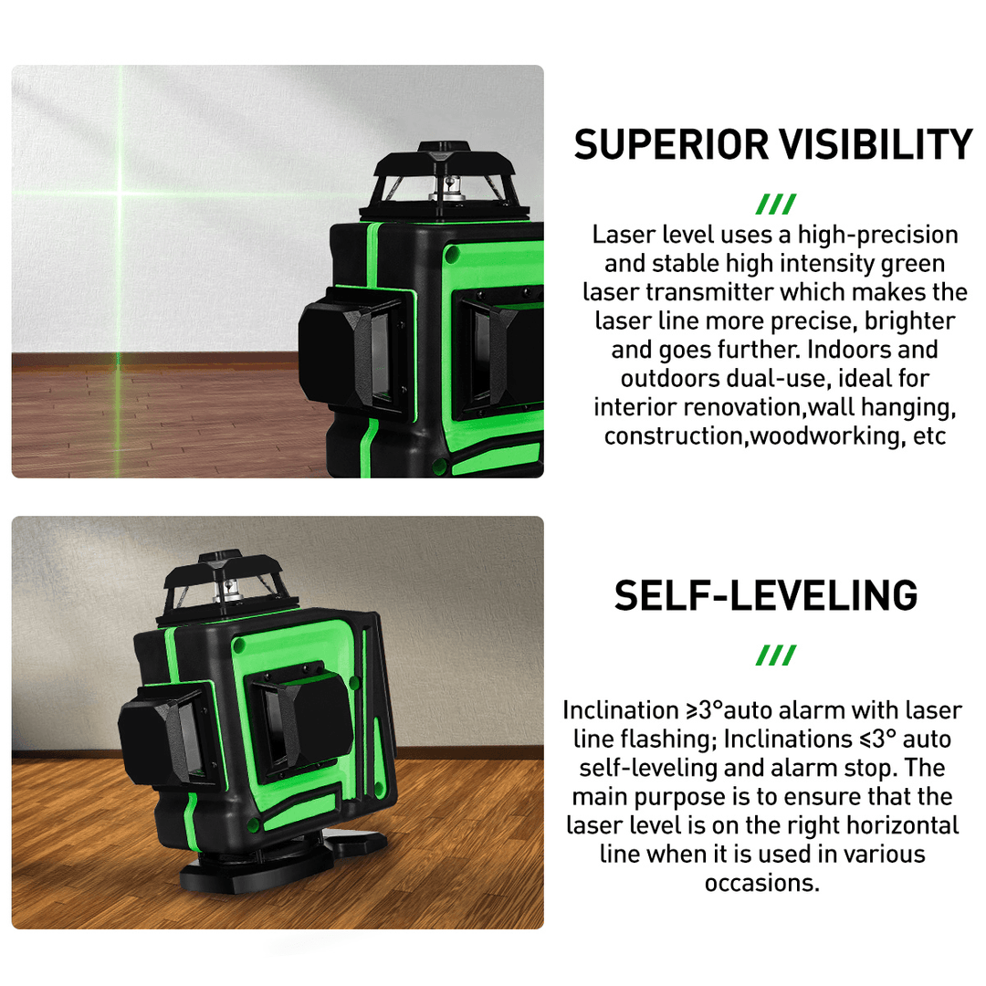 16/12 Line 360° Horizontal Vertical Cross 4D Green Light Laser Level Self-Leveling Measure Super Powerful Laser Beam - MRSLM