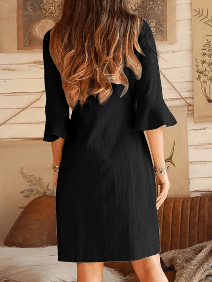 V-Neck Oblique Placket Design Bell Sleeve Casual Dress - MRSLM