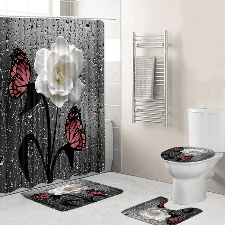 Butterfly Flower Shower Curtain Set Waterproof Polyester Bathroom Mat Set - MRSLM