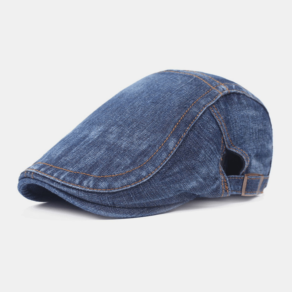 Men Washed Denim Stripe Stitching Berets Casual Sunscreen Adjustable Flat Caps Forward Cap - MRSLM