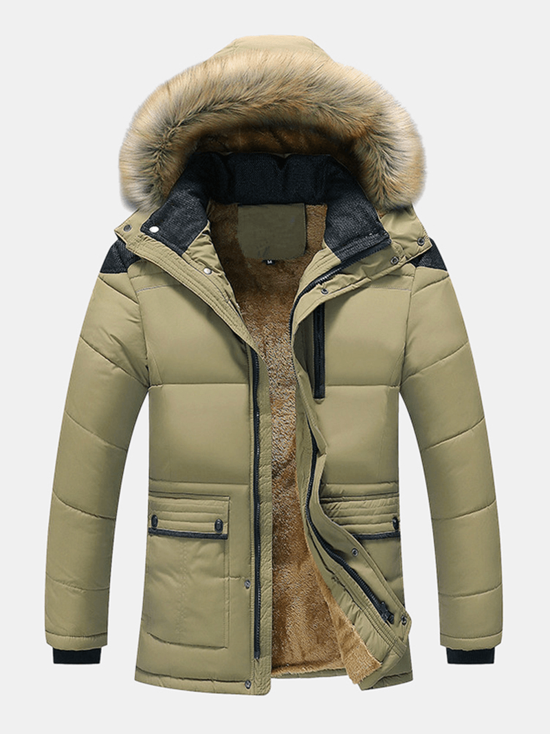 Mens Solid Color Fleece Lined Long Sleeve Thicken Detachable Faux Fur Collar Hooded Coats - MRSLM