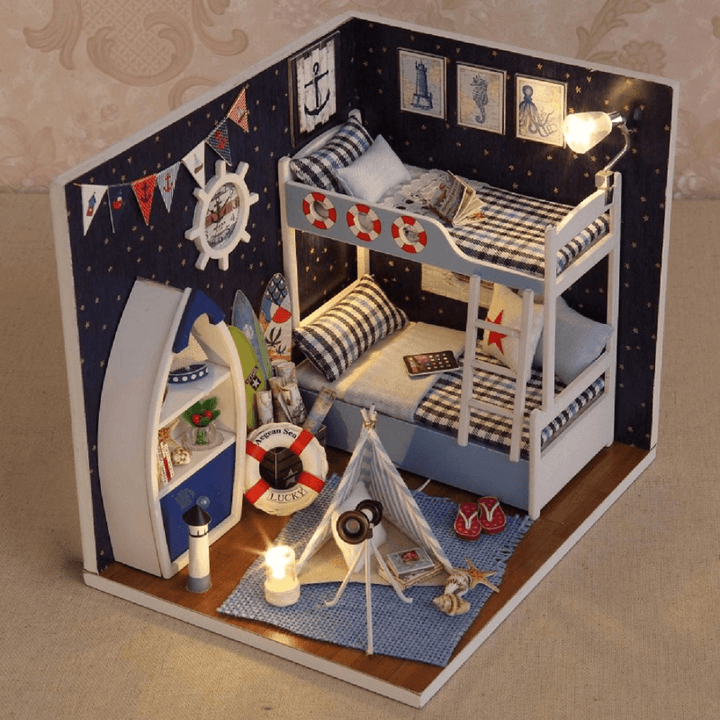 Cute Room Wooden DIY Handmade Assemble Miniature Doll House Kit Toy with LED Light Dust Cover for Gift Collection - MRSLM