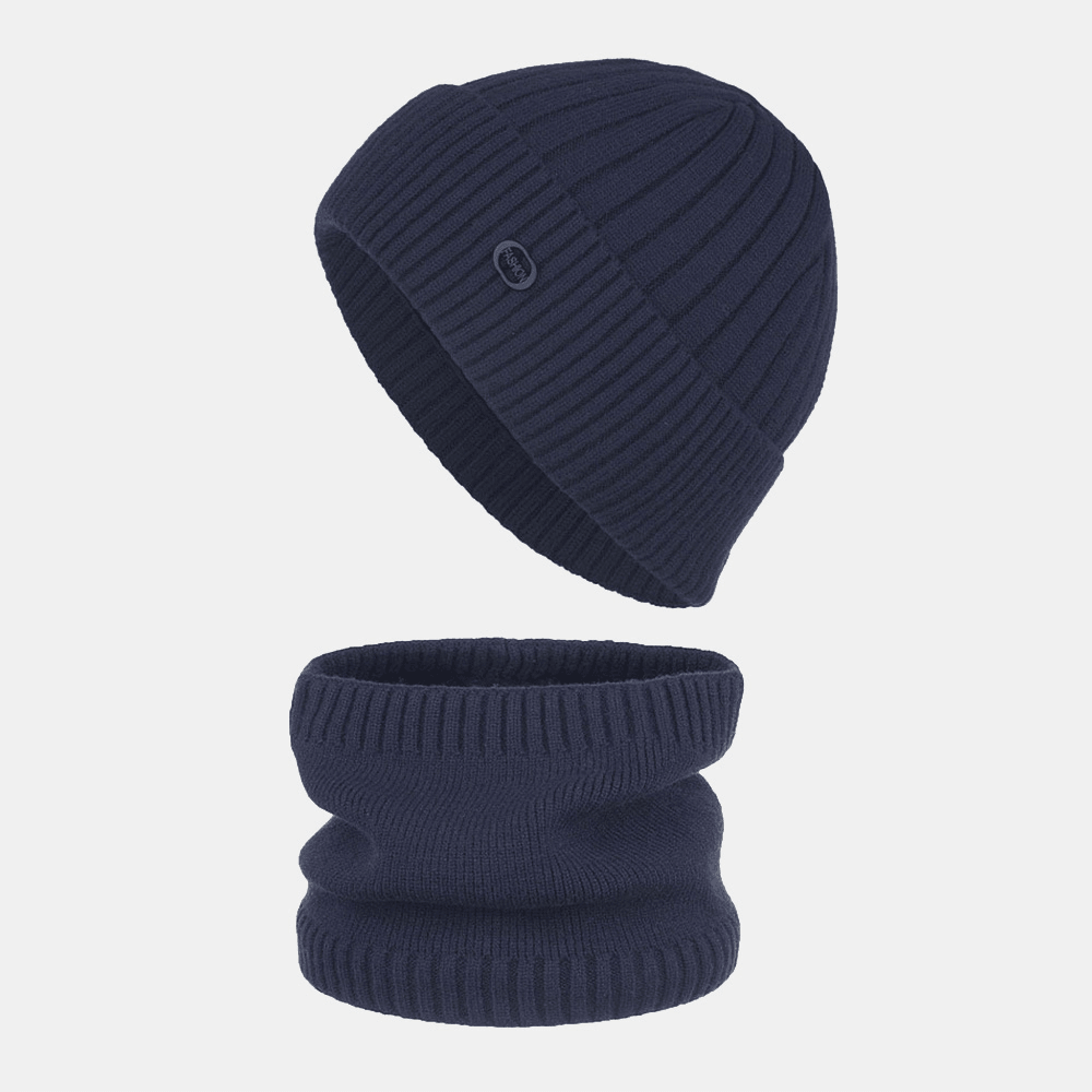 Unisex Thick Striped Iron Label Knitted Hat Scarf Set Autumn Winter plus Velvet Thicken Warm Bib Beanie Hat - MRSLM