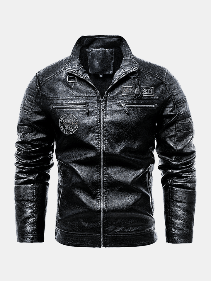 Mens Pattern Patched Letter Print Snap Button Zip Baseball Collar PU Jacket - MRSLM