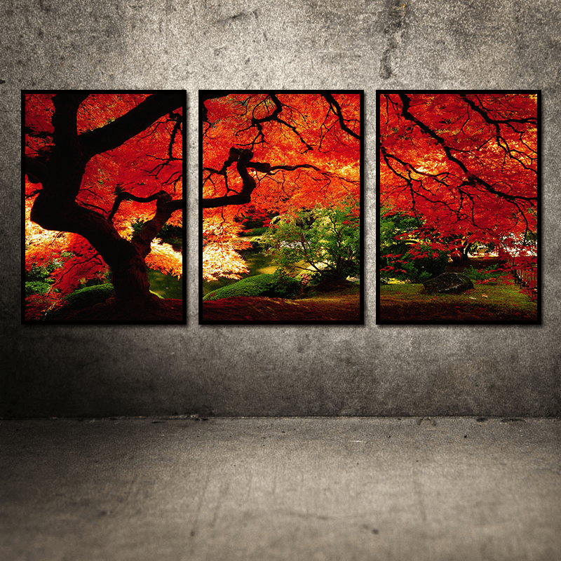 Miico Hand Painted Three Combination Decorative Paintings Maple Tree Wall Art for Home Decoration - MRSLM