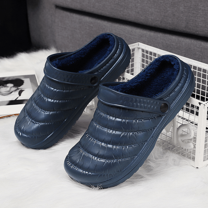 Men Waterproof Cloth Plush Warm Lined Comfy Slip on Home Slippers - MRSLM