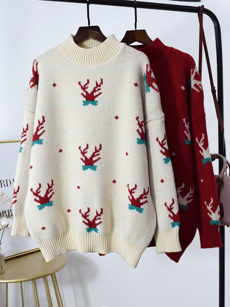 Women Rib-Knit Christmas Antlers Pattern Drop Shoulder Pullover Sweaters - MRSLM