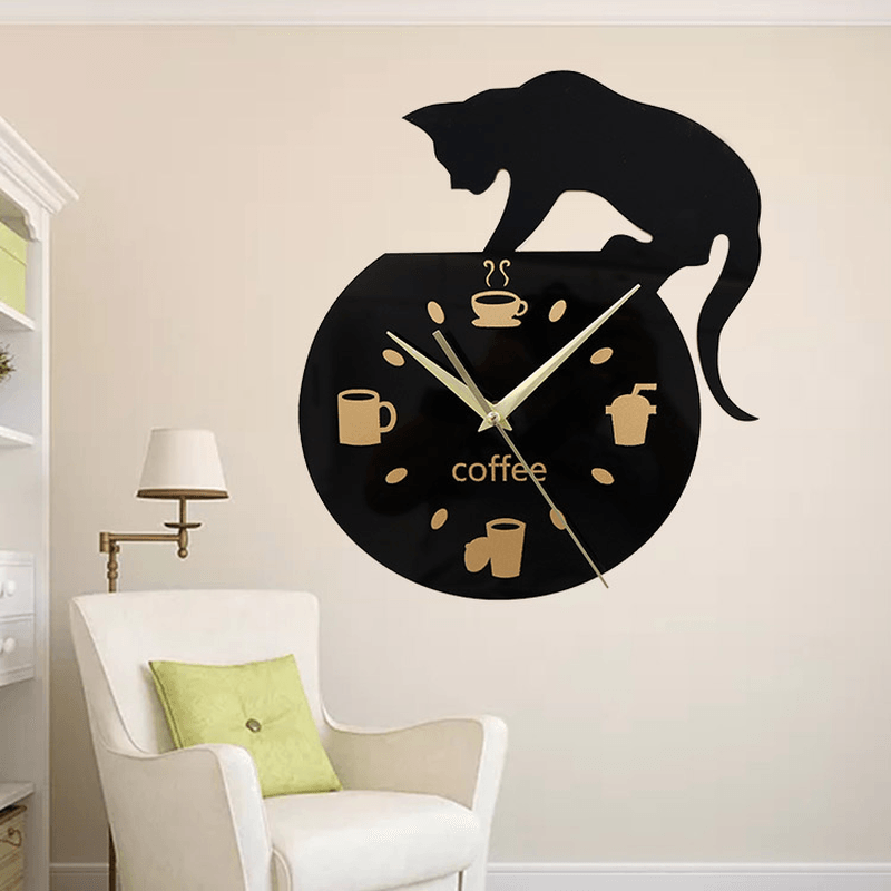 Emoyo ECY013 DIY Creative Coffee Cat Wall Clock Animal Wall Clock Quartz Wall Clock for Home Office Decorations - MRSLM