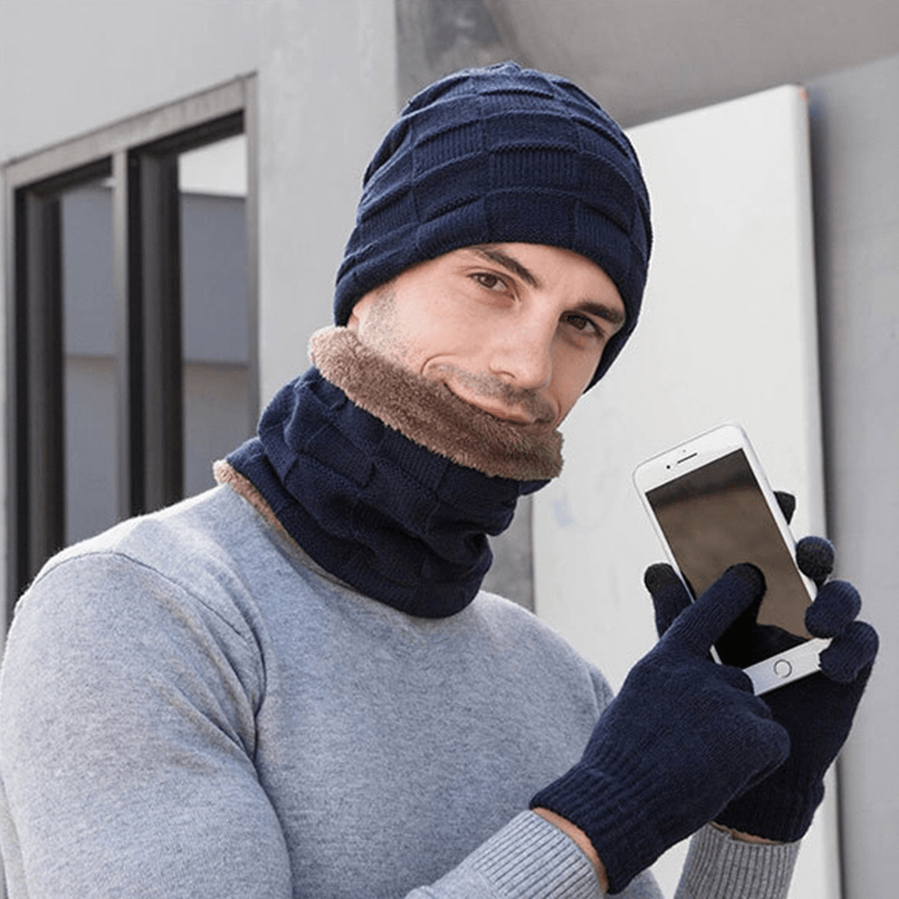 Men 3PCS plus Velvet Keep Warm Winter Neck Protection Headgear Scarf Full-Finger Gloves Knitted Hat Beanie - MRSLM