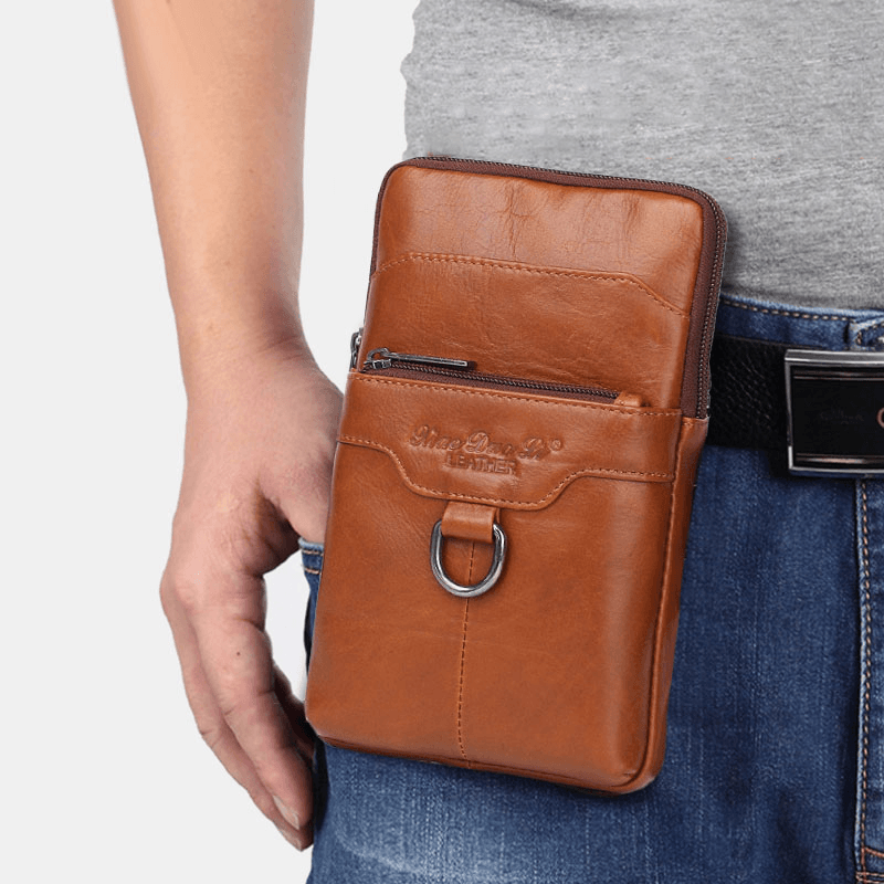 Men Genuine Leather Cowhide Vintage Business 6.5 Inch Phone Bag Crossbody Bag Waist Bag Sling Bag - MRSLM