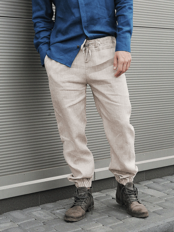 Mens 100% Cotton Solid Casual Drawstring Elastic Ankle Pants - MRSLM