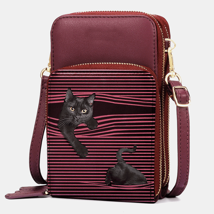 Women Faux Leather Casual Cute Black Cat and Stripes Pattern Adjustable Shoulder Bag Crossbody Bag - MRSLM