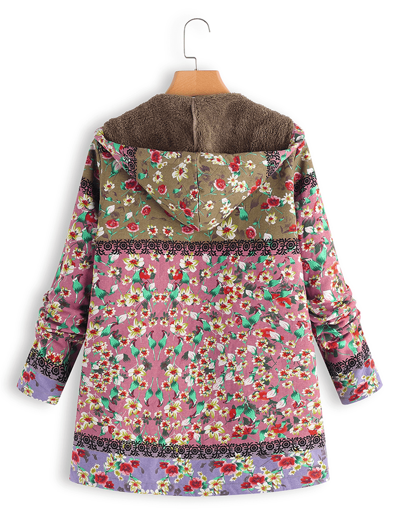 Vintage Women Patchwork Floral Printed Hooded Long Sleeve Coats - MRSLM