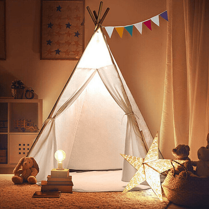 130Cm Large Teepee Tent Kids Cotton Canvas Pretend Play House Boy Girls Wigwam Gift - MRSLM