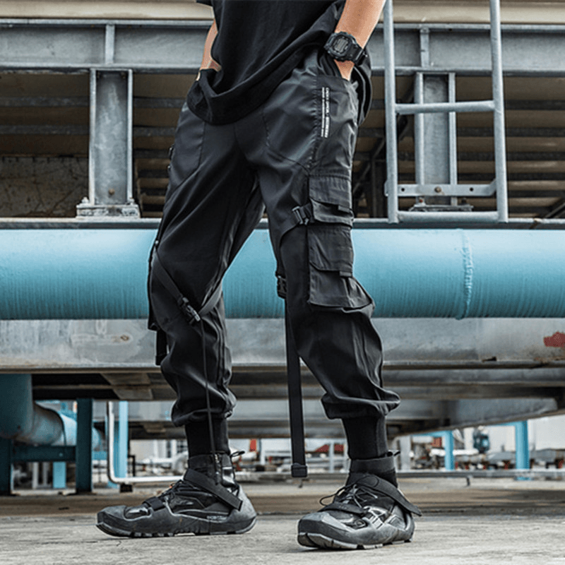 Men'S Tooling Trousers, Trendy Brand Streamer, Multi-Pocket, Drawstring Casual Trousers - MRSLM