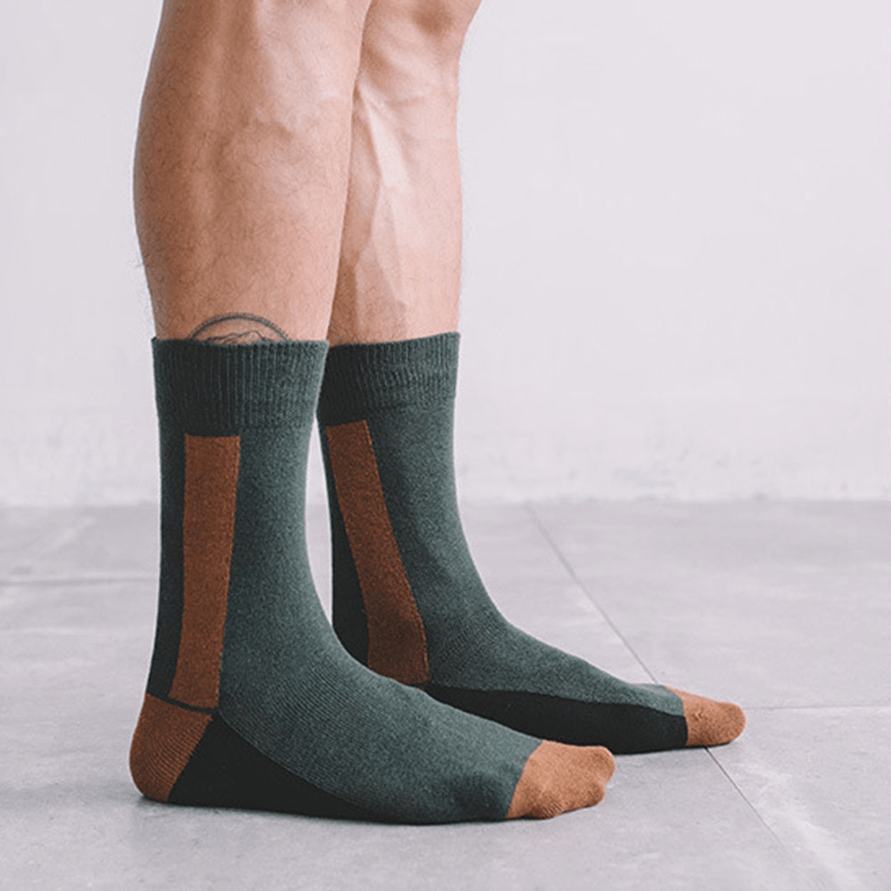 Men Long Socks Dark Green Designer Lines Contrast Color Tube Cotton Socks - MRSLM