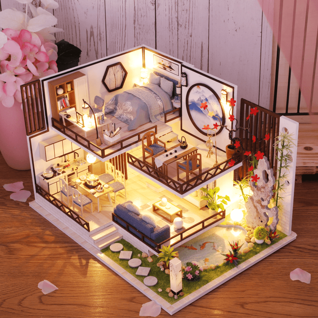 M-029 Chinese Style Wooden DIY Handmade Assemble Doll House Miniature Furniture Kit with LED Effect Toy for Kids Birthday Xmas Gift House Decoration - MRSLM