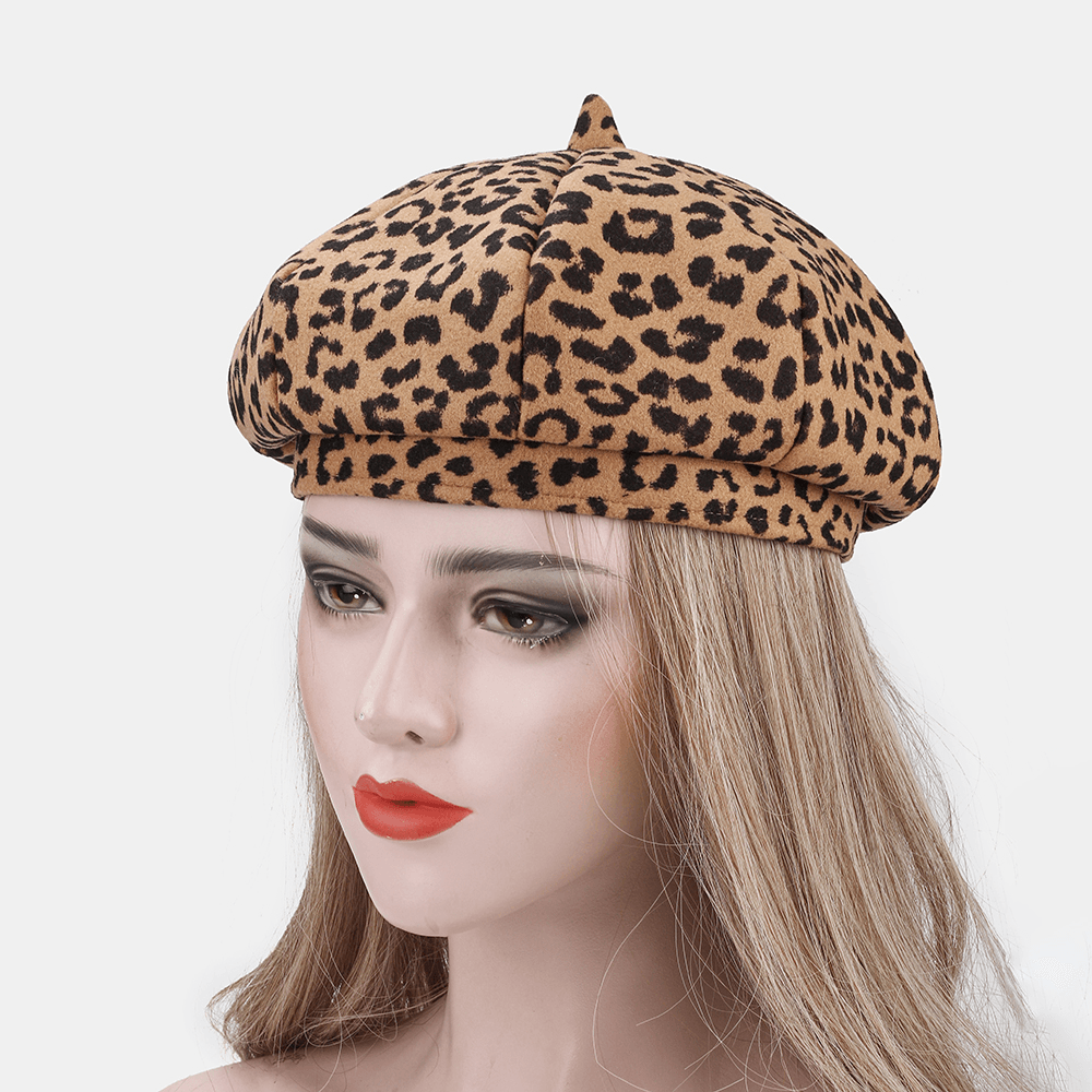 Women Woolen Warm Young All-Match Leopard Pattern Painter Hat Newsboy Hat Octagonal Hat Beret Hat - MRSLM