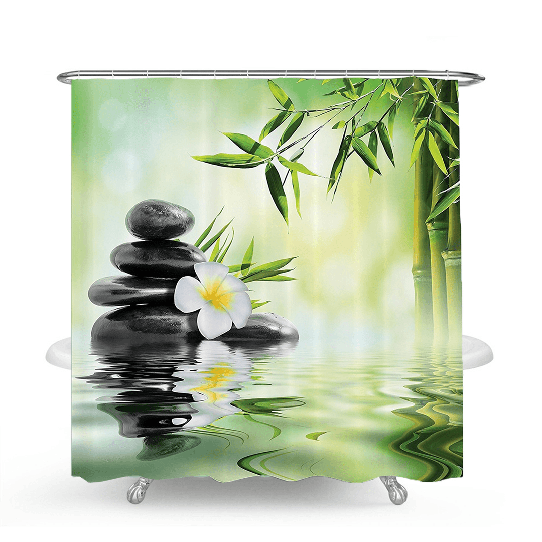 Bamboo Printing Waterproof Bathroom Shower Curtain Toilet Cover Mat Non-Slip Carpet - MRSLM