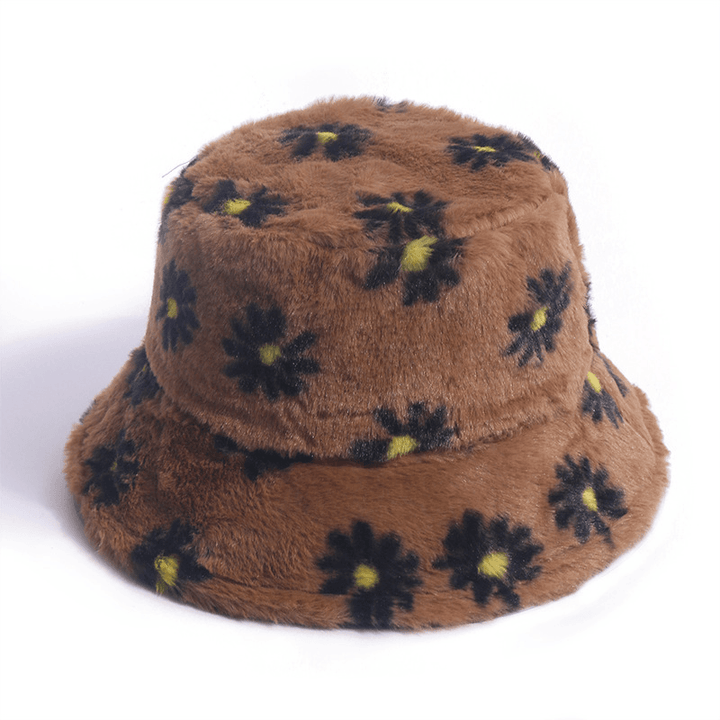 Korean Version of the Autumn and Winter Small Daisy Print Fisherman Hat Plush Net Red All-Match Outing to Keep Warm Rabbit Fur Basin Hat - MRSLM