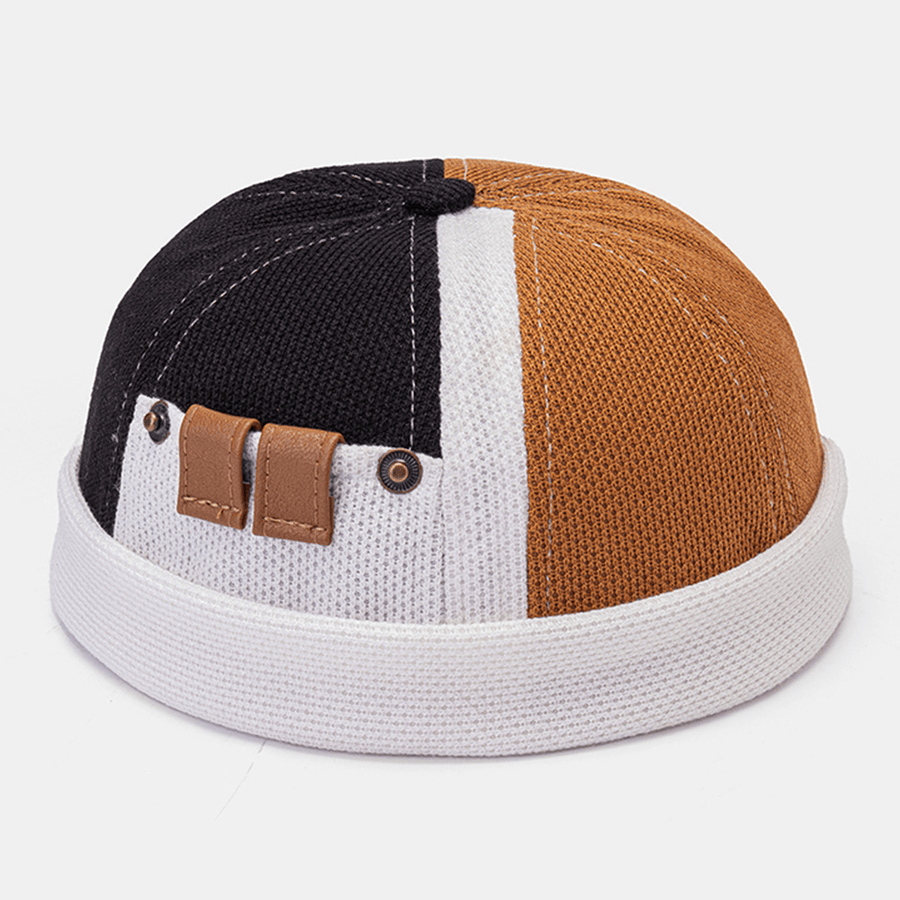 Collrown Men Polar Fleece Color Block Stitching Dome Beanie Skull Cap Autumn Winter Warm Adjustable Leather Buckle Landlord Cap - MRSLM