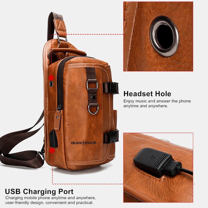 Men PU Leather Large Capacity Multifunction Headset Hole USB Charging Short Trip Sling Bags Crossbody Bag Chest Bag - MRSLM