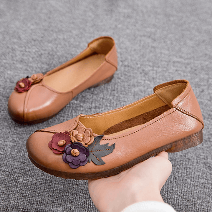 Women Vintage Floral round Toe Genuine Leather Soft Sole Slip on Comfy Flats - MRSLM