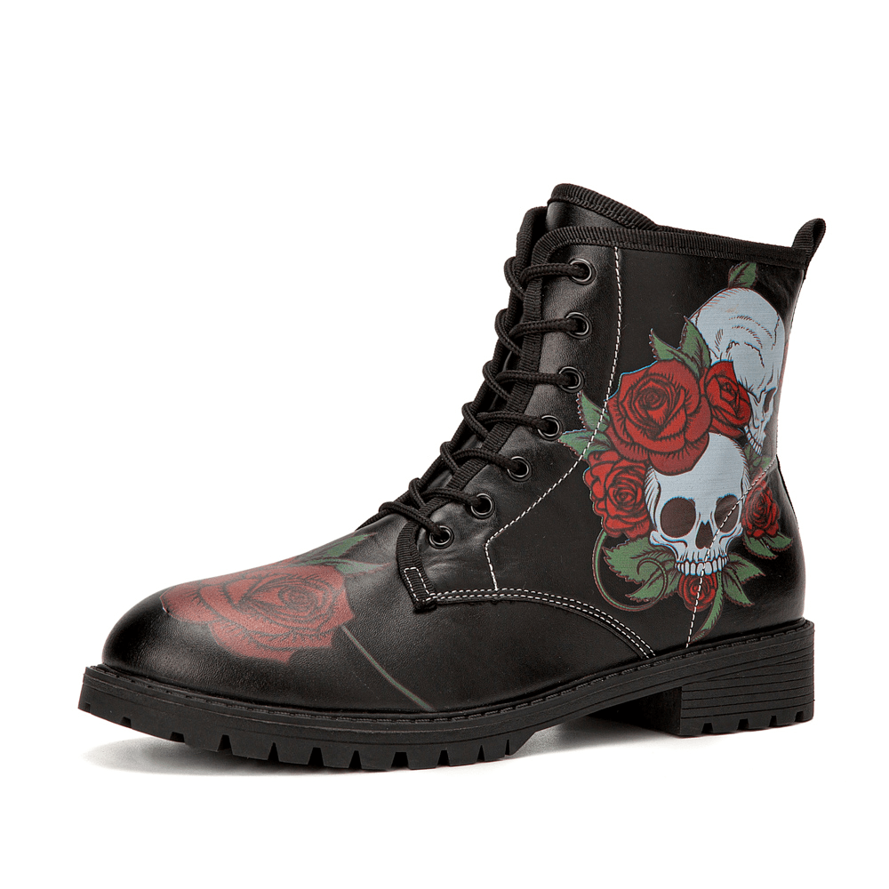 Men Leather Halloween Retro Floral Soft Sole Lace up Skull Printing Comfy Casual Boots - MRSLM